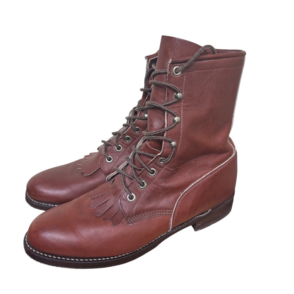 Vintage Justin Boots Womens 8 B Burgundy Kiltie Lace Up Roper Boots Leather USA